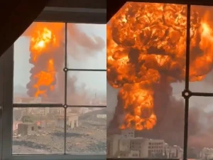 فيديو من زاوية قريبة لحظة استهداف محطة الصباحة النفطية التابعة للحوثيين في صنعاء