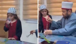 «تصرف غريب يثير الجدل».. بالفيديو: وزير الأوقاف الفلسطيني يغمس مسبحته في كوب ماء ويطلب من طفلة شربه لرقيتها من الحسد