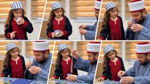 «تصرف غريب يثير الجدل».. بالفيديو: وزير الأوقاف الفلسطيني يغمس مسبحته في كوب ماء ويطلب من طفلة شربه لرقيتها من الحسد