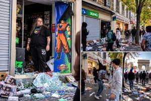 بالفيديو..صاحب متجر في فرنسا يقف وسط محله المدمر بعد تعرضه للنهب.. وأحد المحتجين يفاجئه بركلة من الخلف