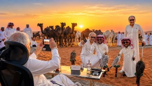 بالصور.. الأمير الوليد بن طلال يستمتع بالأجواء الصحراوية وسط الإبل والصقور ويوثق لحظات الغروب بهاتفه