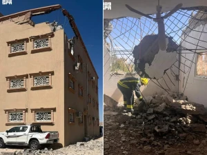 بالصور : الدفاع المدني يعلن عن  إصابتان وأضرار بـ3 مبانٍ سكنية و7 مركبات جراء سقوط شظايا صاروخين باليستيين في خميس مشيط وأحد رفيدة