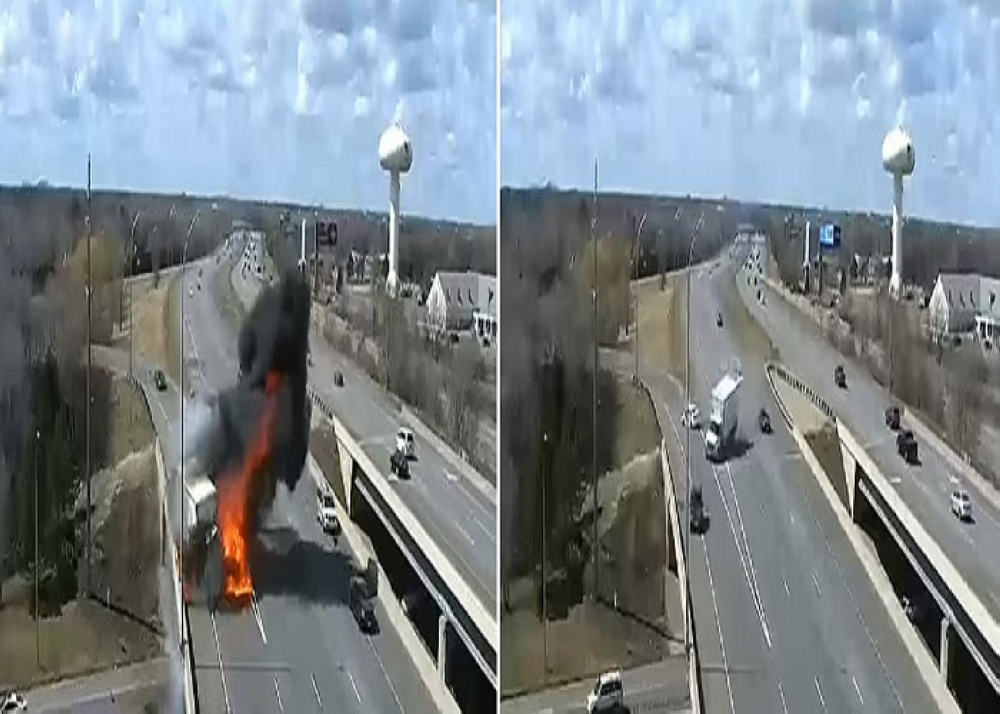 شاهد: لحظة اشتعال شاحنة وتحولها لكرة من اللهب عقب اصطدامها بحاجز جسر في أمريكا