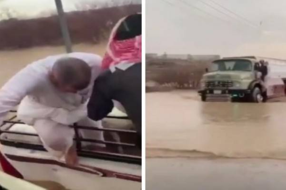 شاهد: كيف أنقذ شقيقان قائد مركبة وأغنامه من الغرق بعدما حاصره السيل في العقيق!