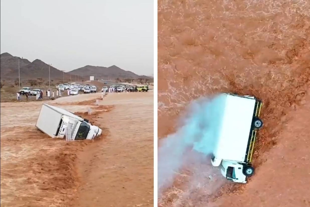 شاهد  :  السيول في وادي الجريسية تقلب شاحنة بعد هطول الأمطار الغزيرة شمال مهد الذهب