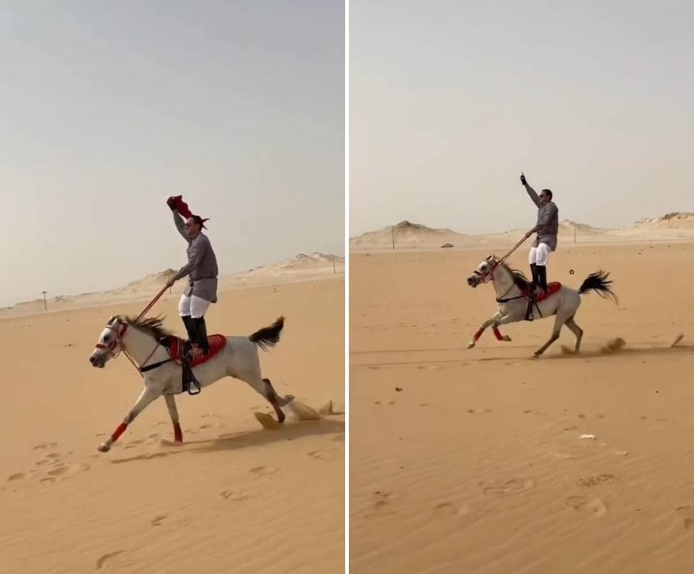 شاهد.. فيديو  مثير  لرجل يمتطي حصانا يركض وهو واقفا على ظهره