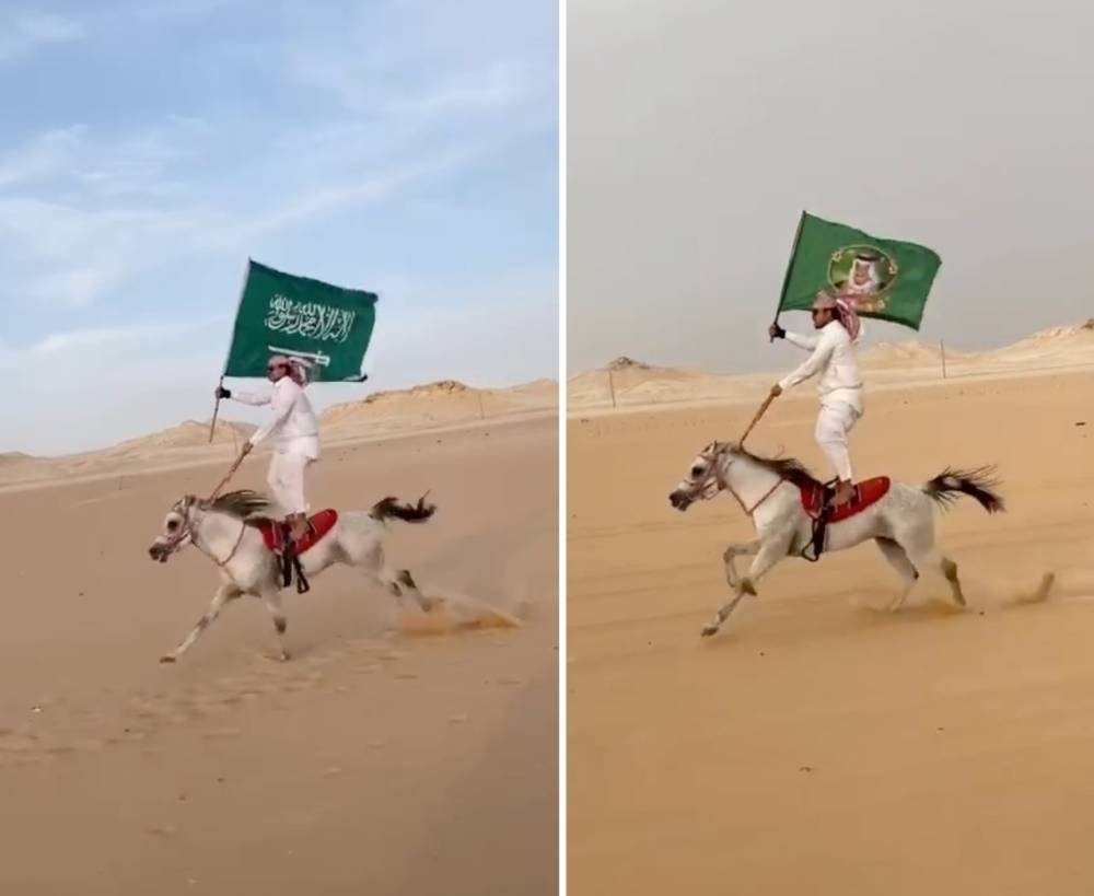 شاهد: الشاب الذي يمتطي حصانا وهو واقفا على ظهره يظهر في مقطع جديد يحمل علم  المملكة  وصورة الملك سلمان  وولي العهد