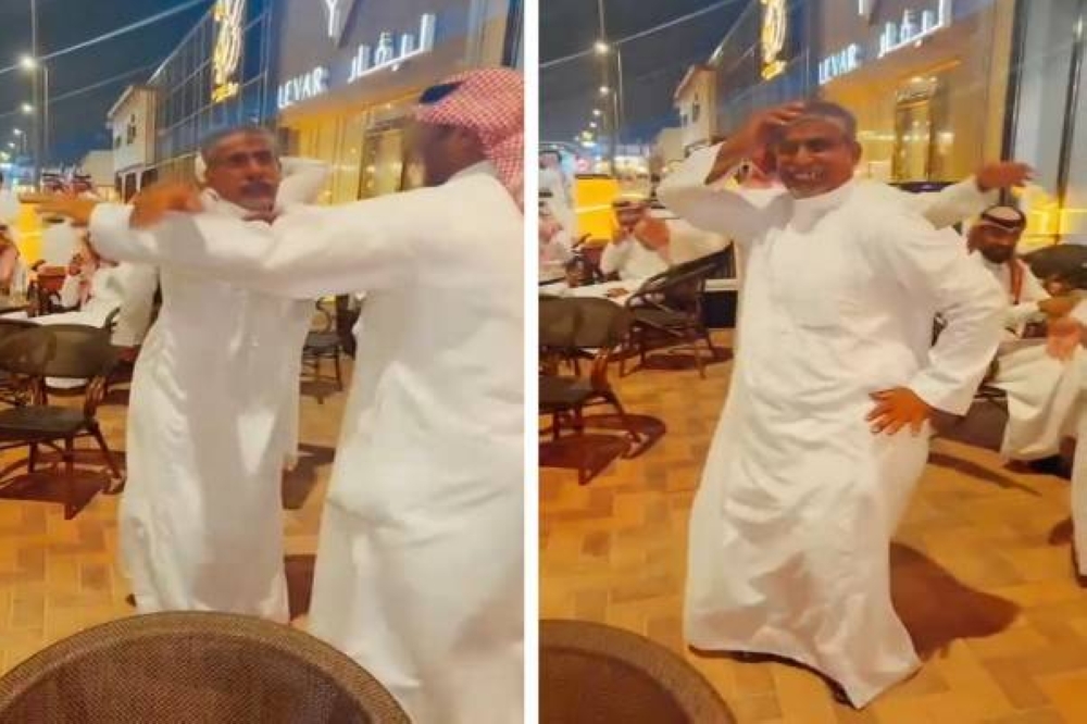 شاهد: رقص مثير لـ"مسن" على أنغام الموسيقى أمام محل كوفي بالأحساء