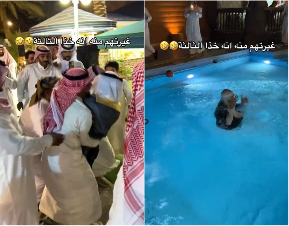 شاهد.. احتفال مشهور سنابي بزواجه الثالث ينتهي في حمام السباحة