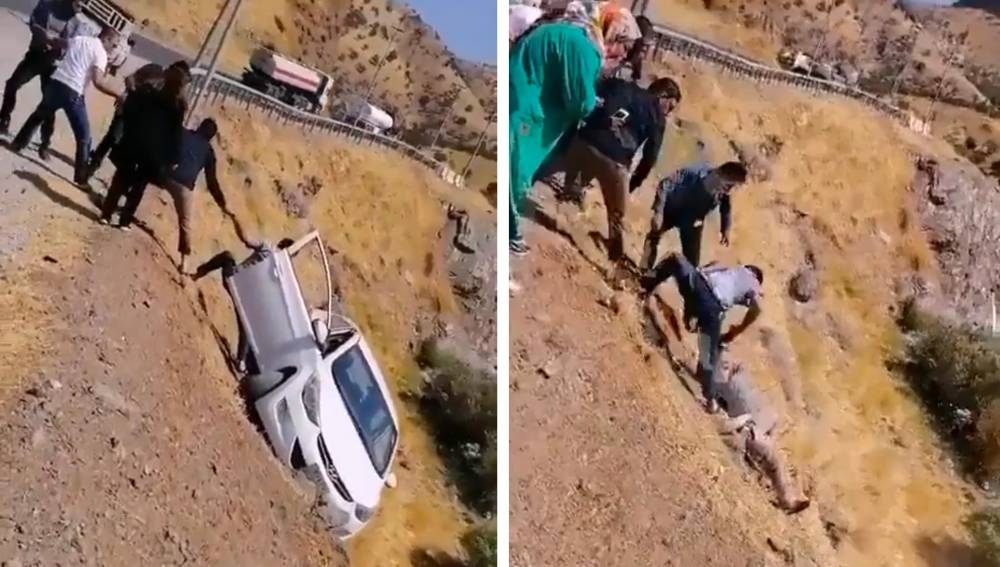 على طريقة أفلام الإثارة .. شاهد: لحظة إنقاذ شاب من الموت بعد سقوط سيارته من منحدر عالٍ في العراق
