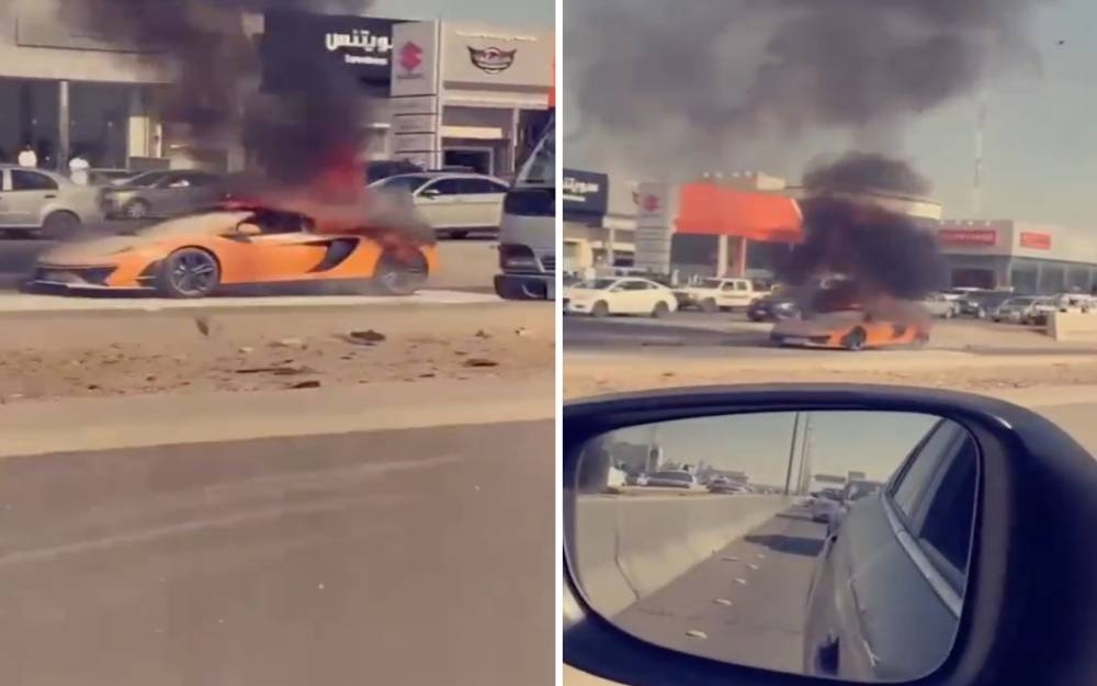 شاهد: لحظة احتراق سيارة فارهة على طريق «خريص» في الرياض