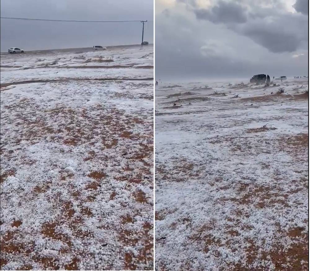 شاهد.. الأرض تكتسي باللون الأبيض بعد تساقط الثلوج في القصيم