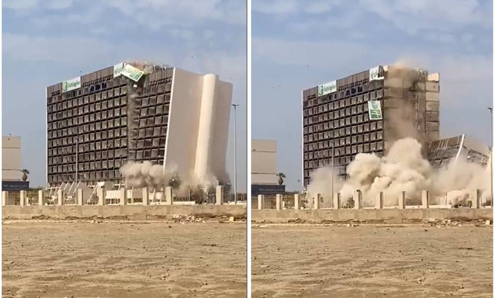 شاهد: لحظة إزالة فندق " السلام هوليداي ان "  بـ حي الثغر ⁧‫بجدة