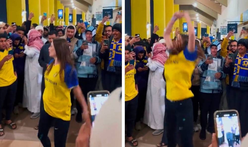 شاهد.. مشجعة أجنبية" حسناء"  تقلد احتفالية  "كريستيانو" وسط جماهير النصر