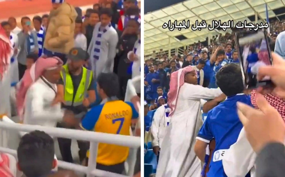 شاهد : فيديو  إعلامي  يعتدي على  مشجع نصراوي في المدرجات يتصدر منصة تويتر