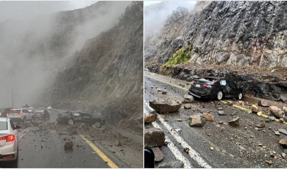 شاهد .. انهيار صخور على مركبات بـ "عقبة ضلع" بعد هطول الأمطار الغزيرة