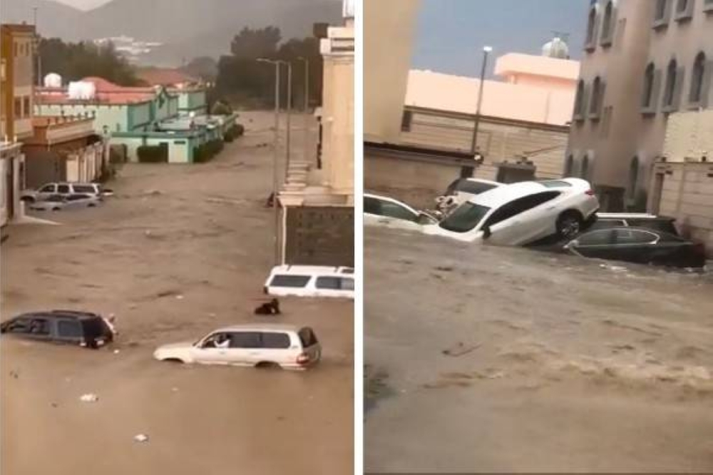 شاهد: السيول تجتاح حي "الوسام" بالطائف وعملية إنقاذ عائلة من الغرق