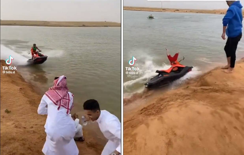 شاهد.. لحظة سقوط سائق دباب «جيت سكي» في مياه وادي الرمة بالقصيم