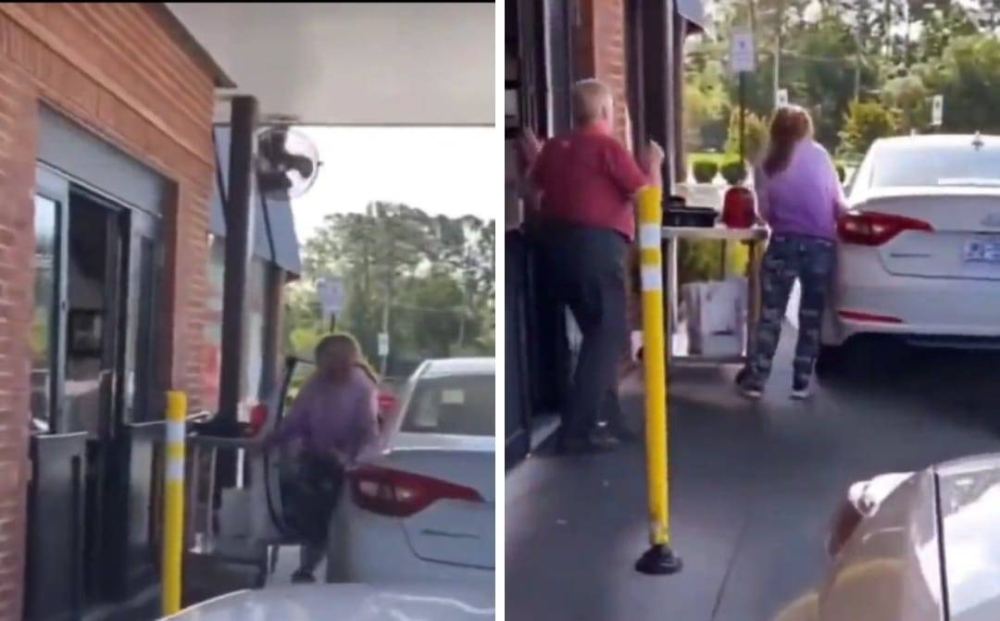 شاهد.. امرأة تنزل من سيارتها وتتركها في وضع التشغيل لتتشاجر مع موظفين.. ثم كانت المفاجأة