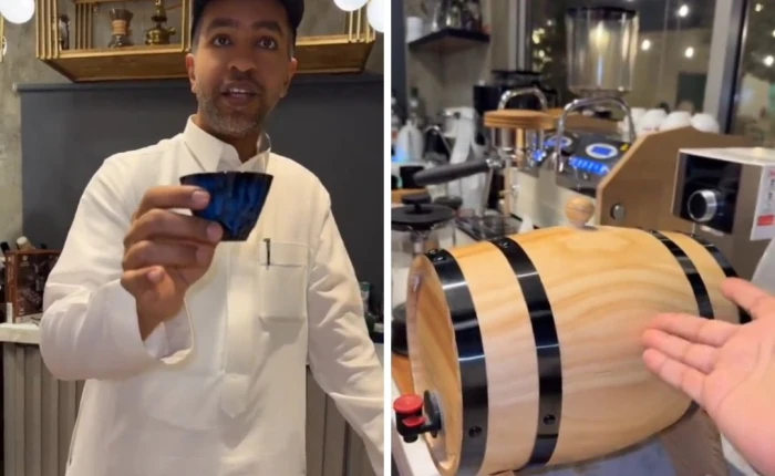 سعر الكوب 375  ريال..  شاهد.. شخص يستعرض "قهوة معتقة" ومفاجأة بشأن قيمة البرميل