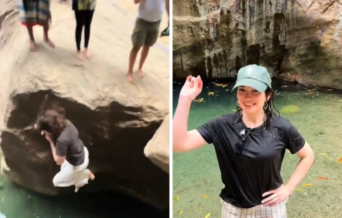 شاهد: سائحة أجنبية تقفز من ارتفاع 6 أمتار في وادي لجب بجازان