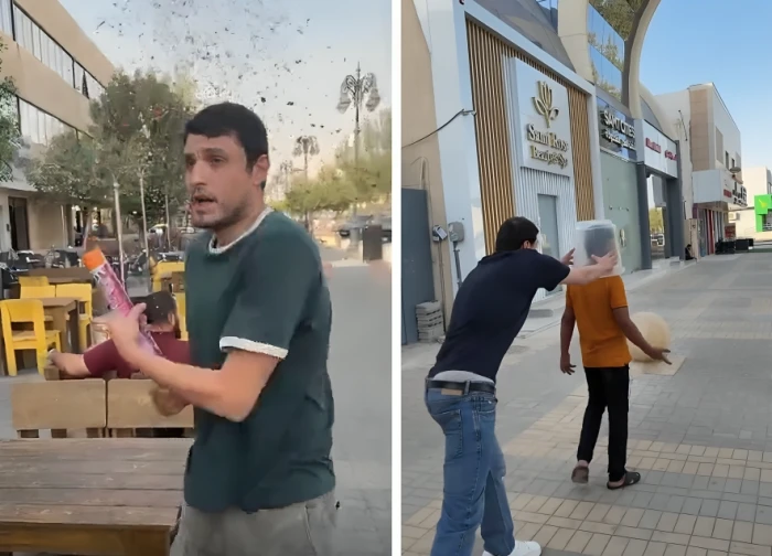 وضع سطل ماء على عامل وقذف مفرقعات ورقية على آخر.. بالفيديو: صانع محتوى على “تيك توك” يثير الغضب بمقالب مستفزة في شوارع الرياض وضع سطل ماء على عامل وقذف مفرقعات ورقية على آخر.. بالفيديو: صانع محتوى على “تيك توك” يثير الغضب بمقالب مستفزة في شوارع الرياض