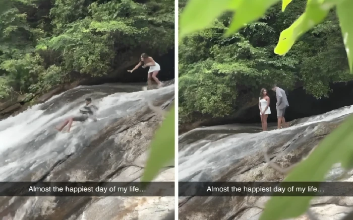 بالفيديو: عرض زواج يتحوّل إلى مأساة.. الشلال يجرف العريس ويختفي أمام خطيبته!