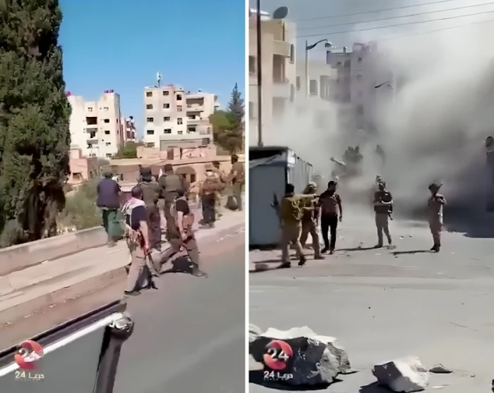 بالفيديو.. اشتباكات عنيفة بين قوات الجيش السوري والميليشيات المسلحة في مدينة السويداء الدرزية