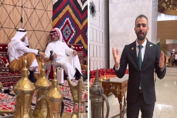 يجسد معاني 'النخوة والأصالة "…بالفيديو : الإعلامي السوري هادي العبدالله يستعرض مجلس عربي داخل قصر الشعب في دمشق ترحيبا بالوفد السعودي