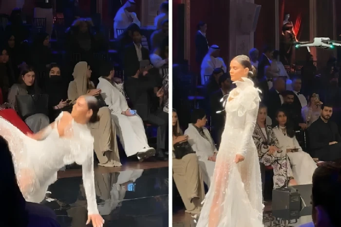 فيديو يوثّق لحظة سقوط عارضة أزياء خلال عرض فساتين بجدة.. ومزاعم بأن الحادثة “مقصودة”