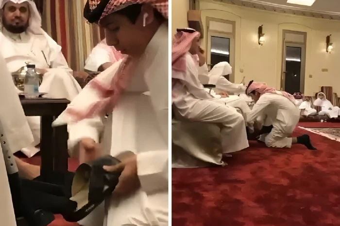 تداول فيديو ل "محمد القاسم" وهو طفل يلبس جده الشراب والحذاء في مناسبة اجتماعية بمكة