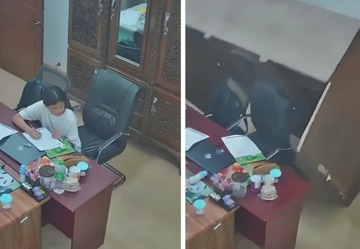 بالفيديو: موظفة تختبئ أسفل مكتبها لحظة حدوث زلزال تركيا.. وسقوط دولاب عليها