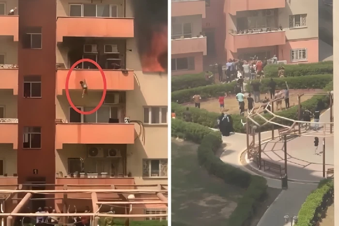 بالفيديو.. إنقاذ 3 أطفال بعد قفزهم  من شقة سكنية احترقت في أحد مجمعات بغداد