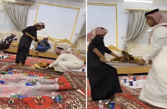 بالفيديو.. شاب يتعرض لموقف محرج أثناء وضع الطعام أمام الضيوف