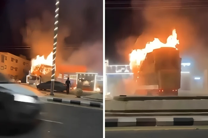 بالفيديو.. شخص يقود شاحنة مشتعلة وينقذ محطة وقود بالجمش من كارثة