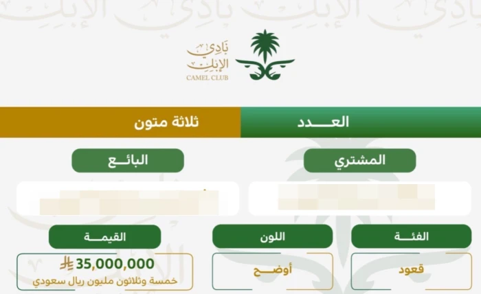 بالأسماء: نادي الإبل يعلن بيع “قعود” بـ 35 مليون ريال ويكشف هوية البائع والمشتري