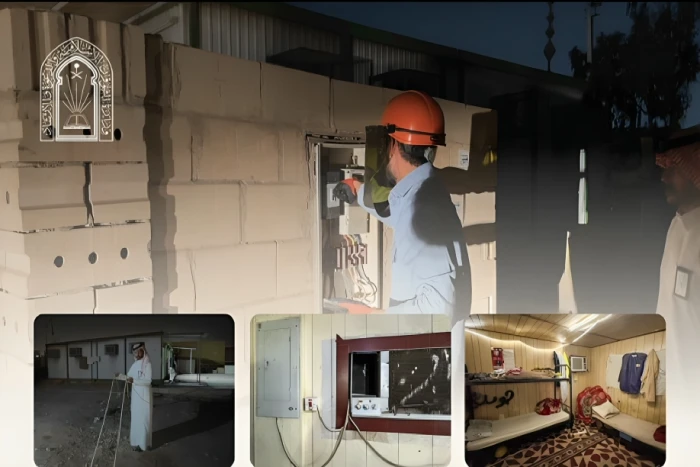 بالصور.. إزالة تعدٍ كهربائي على عداد  يخدم مصلى بعد سحب التيار لتشغيل 3 بركسات تُستخدم كسكن عمال بالرياض