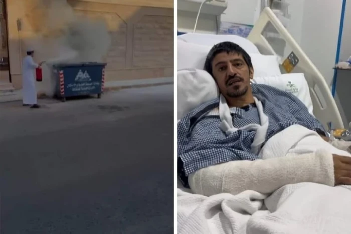 بالفيديو.. معلم يروي تفاصيل إطفاء حريق داخل حاوية أمام مدرسة.. ويكشف كيف تعرض لكسر مضاعف في ذراعه