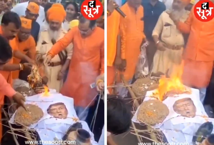 بالفيديو: هنود ينظمون جنازة لترامب ويضعون صورته على قماش أبيض ويشعلون النار فيها