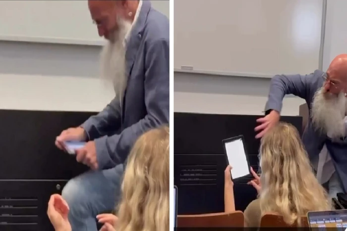 بالفيديو: أستاذ جامعي أمريكي غاضب يحطم  جهاز آيباد طالبة بسبب انشغالها  به أثناء المحاضرة