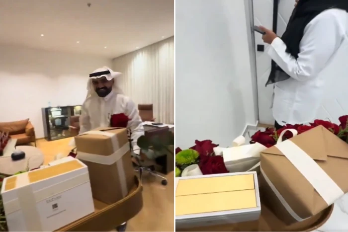 "يا بن المحظوظة مبروك".. بالفيديو: موظفات يفاجئن مديرهن بالورود والهدايا والزغاريد داخل مكتبه
