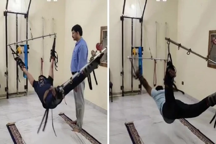 علقه بسلاسل حديدية..بالفيديو: أغرب علاج لعرق النساء ومشاكل الركبة على الطريقة الهندية