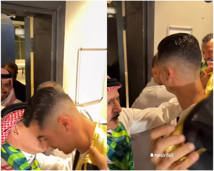بالفيديو.. "الفريان" يهدي رونالدو "البشت" ويضعه فوق كتفه ويقبله