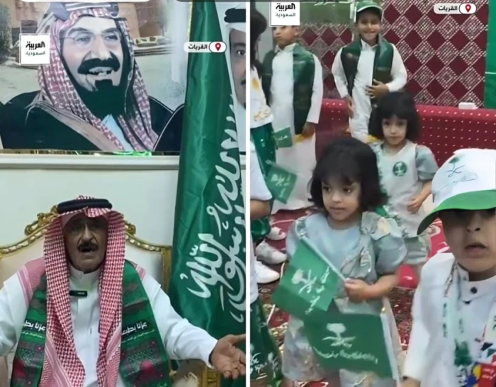 «منذ أكثر من 20 عامًا».. بالفيديو.. قصة مواطن يحتفل كل عام باليوم الوطني مع أولاده وجيرانه في القريات