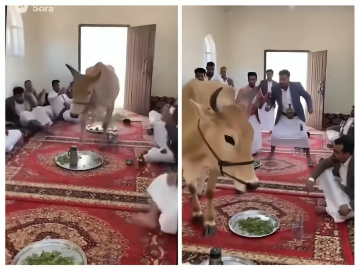 بالفيديو: بقرة تقتحم مجلس لمجموعة من الحوثيين أثناء جلسة تخزين قات