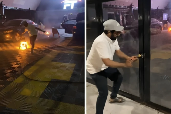 بالفيديو: مواطن يحطم قفل محل تجاري في الجبيل ويخمد حريقاً اندلع بداخله قبل وصوله إلى السيارات