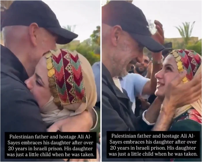 بعد 20 عاماً من الاعتقال.. بالفيديو: أسير فلسطيني أفرجت عنه إسرائيل يرى ابنته لأول مرة منذ طفولتها