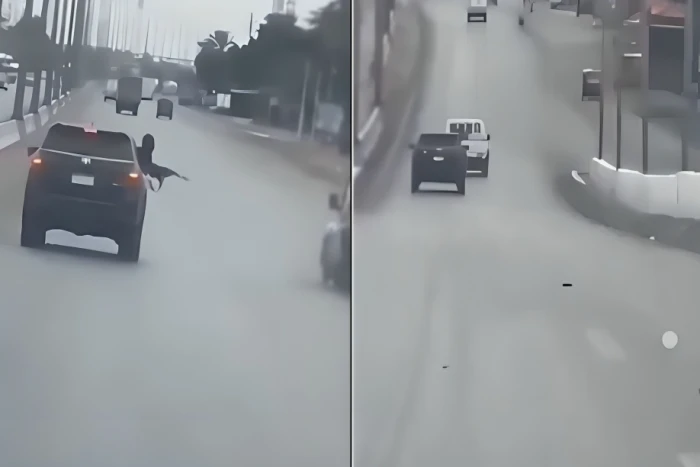 على طريقة أفلام الأكشن.. بالفيديو: مطاردة بين سيارتين وإطلاق نار من سلاح رشاش في مصر