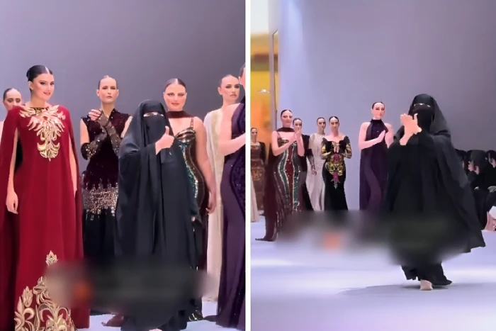 بالفيديو.. المصممة الكويتية ابتسام الهاجري تظهر بالنقاب والعباءة في أسبوع الرياض للأزياء