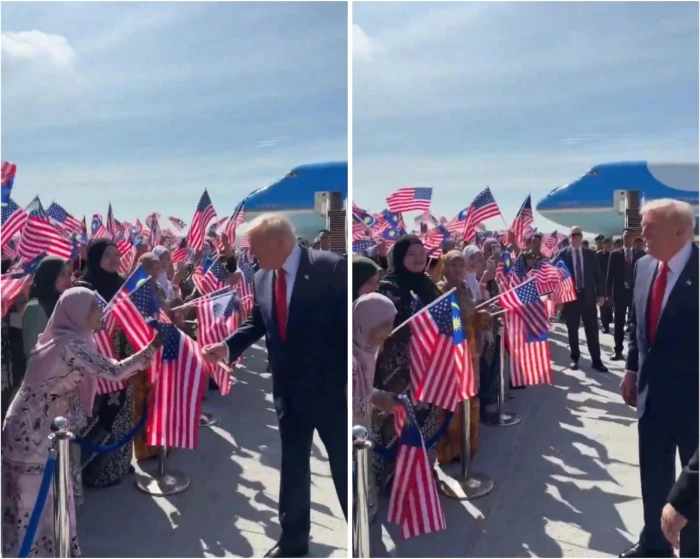 بالفيديو.. "ترامب" يمازح النساء الماليزيات أثناء استقبالهن له في المطار